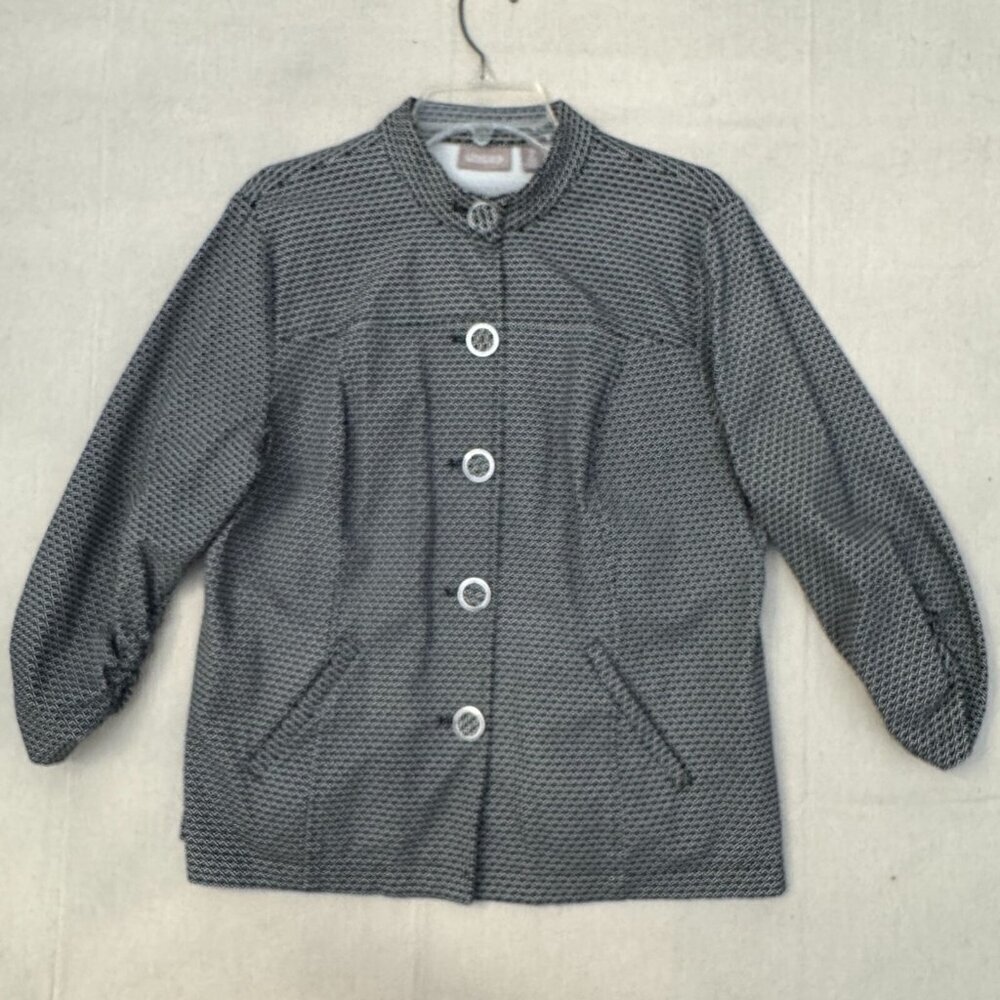 Chicos Black & White Button-Up Jacket Geometric Pattern Ruche Sleeve & Pockets 2